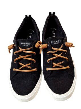 Sperry Womens Black Canvas Sneakers Size 8 With Tan Leather Laces & Memory Foam